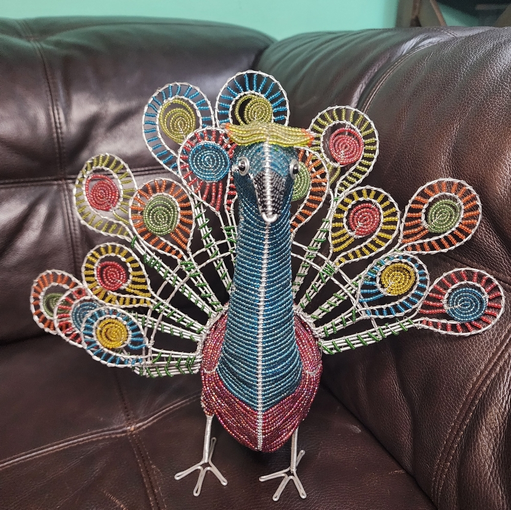 Colorful Beaded Peacock Sculpture